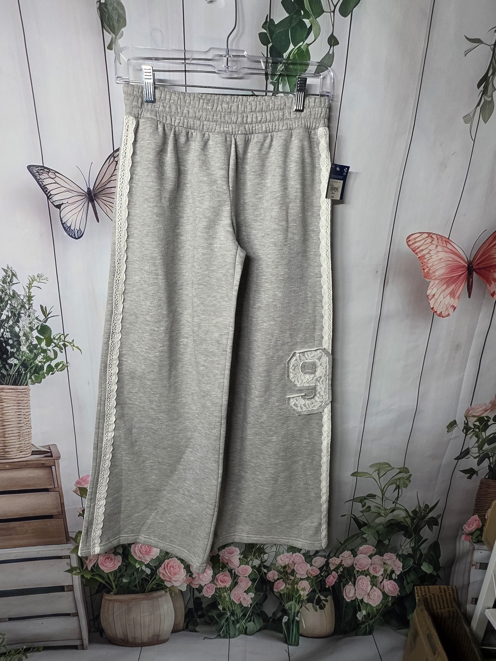 Arizona Jean Company Gray Track Joggers with Cream Lace Trim